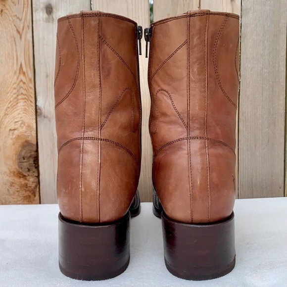 SOLD FRYE Vintage Campus Swirl Tan Brown Leather Short Zip Ankle Bootie Boots 8 - Picture 4 of 7